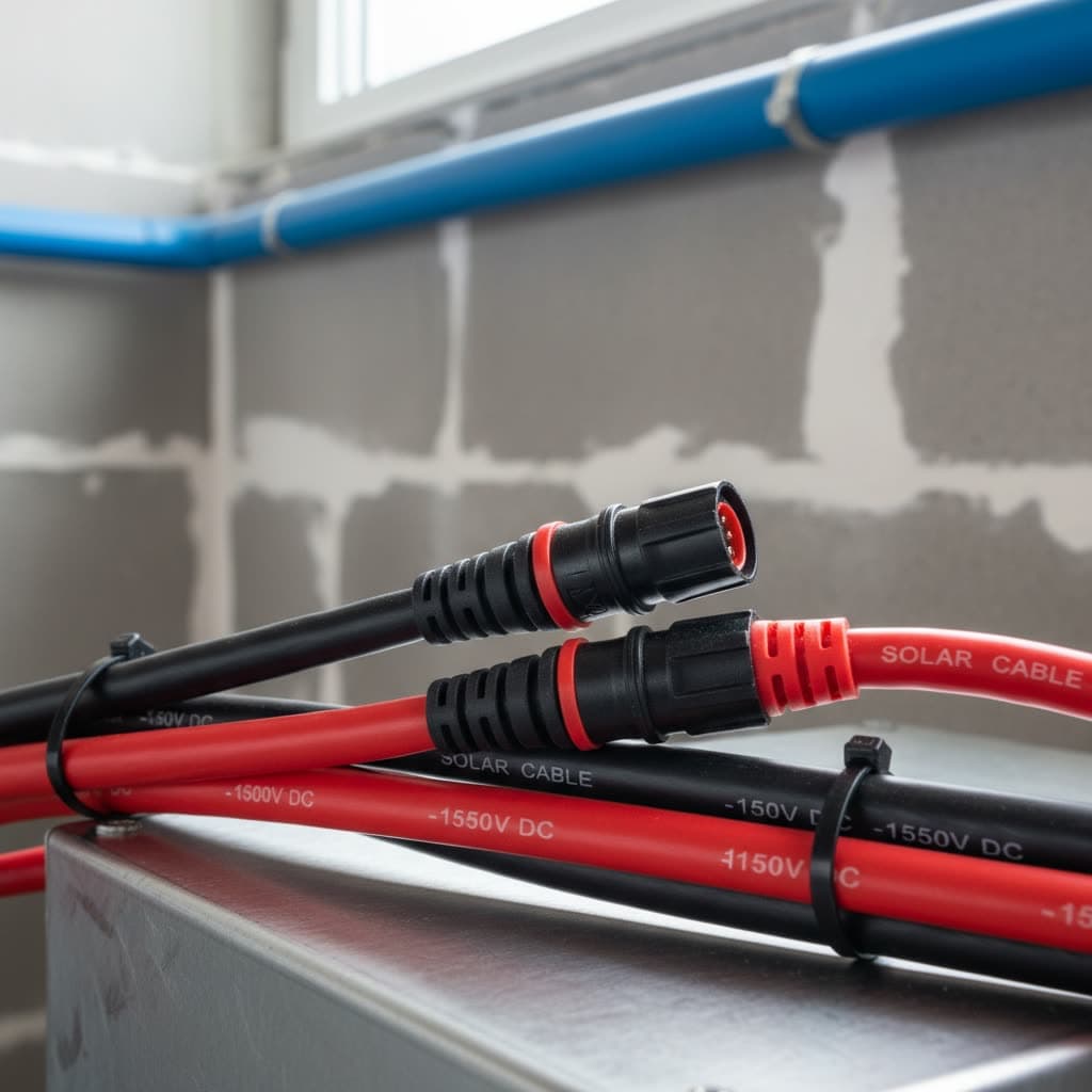 MC4-Solarstecker und DC-Kabel, professionelle PV-Installation, Nahaufnahme