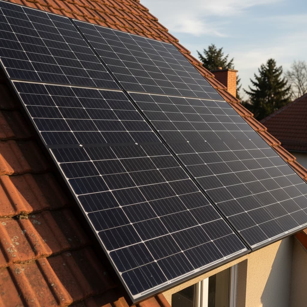 Monokristallines PV-Modul auf einem Berliner Wohnhausdach, Nahaufnahme