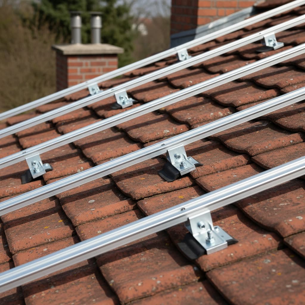 Aluminium-Montageschienen für Solarmodule auf einem Ziegeldach, Nahaufnahme
