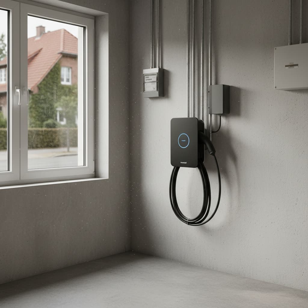 11kW Wallbox an der Garagenwand, Berliner Wohngebiet