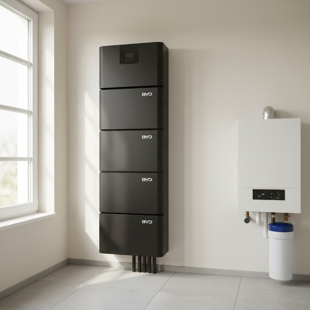 BYD Battery-Box Premium HVS Stromspeicher an der Wand im Heizungskeller